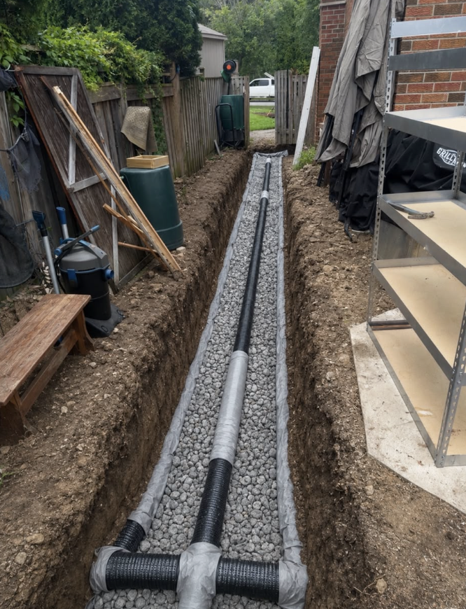 Open drainage trench with perforated pipe and gravel beside a house foundation